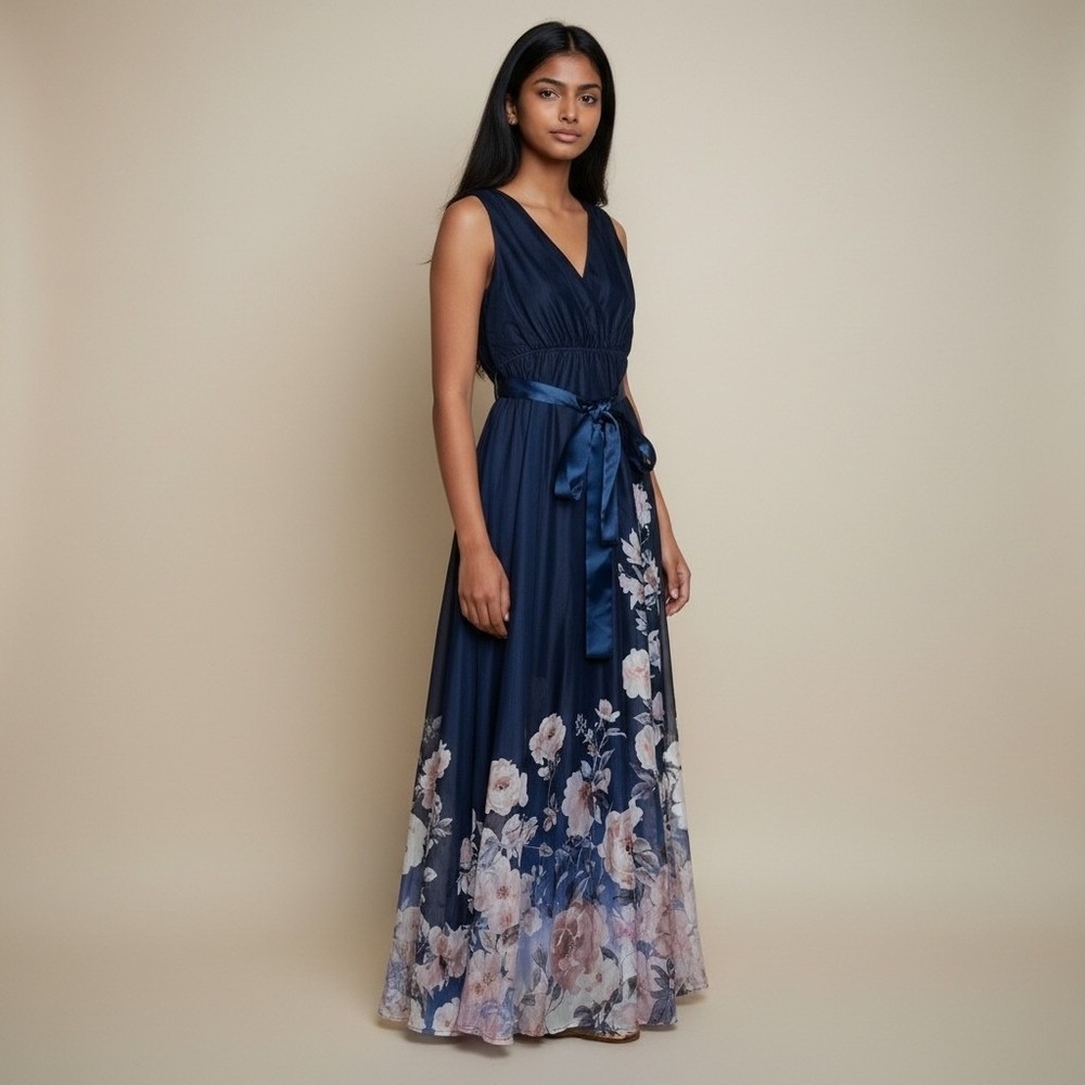 FEHAUTE Women Navy Blue Floral Print Sleeveless V Neck Maxi Dress Prom‎ Size 4